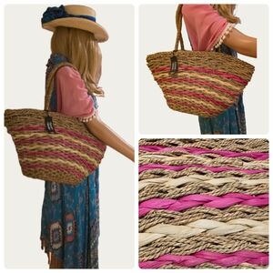Clements Ribeiro Straw Seagrass Pink and Tan Lined  Drawstring Tote Bag